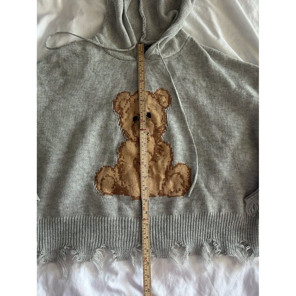 Just Polly NY Teddy Bear Distressed Knit Hoodie Sweater Women’s M Gray Oversized - Picture 7 of 8